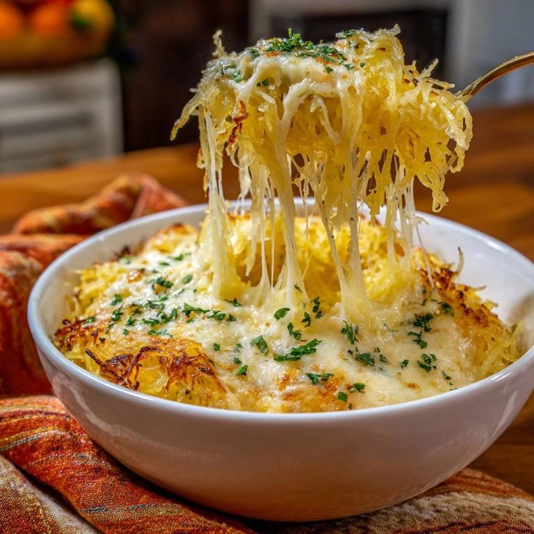 Cremig-überbackener Spaghetti-Kürbis mit geschmolzenem Käse, der sich appetitlich zieht und einen verlockenden Anblick bietet.