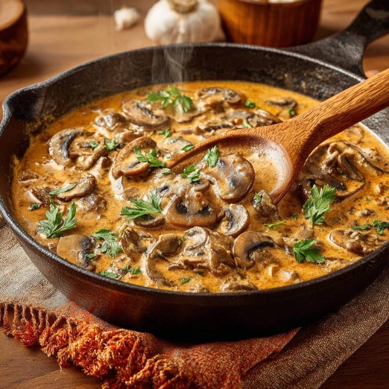 Cremige Champignonpfanne in einer gusseisernen Pfanne, Nahaufnahme mit einem Holzlöffel, der die cremige Soße zeigt.