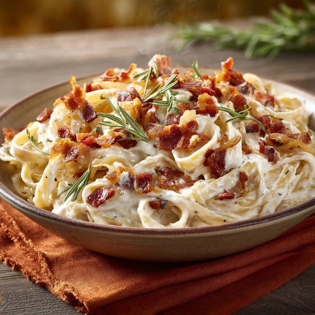 Cremige Fettuccine Mit Knusprigem Speck Draufsicht Serviert 1 Cremige Fettuccine mit knusprigem Speck in einer rustikalen Schüssel serviert, mit frischem Rosmarin garniert und dampfend.