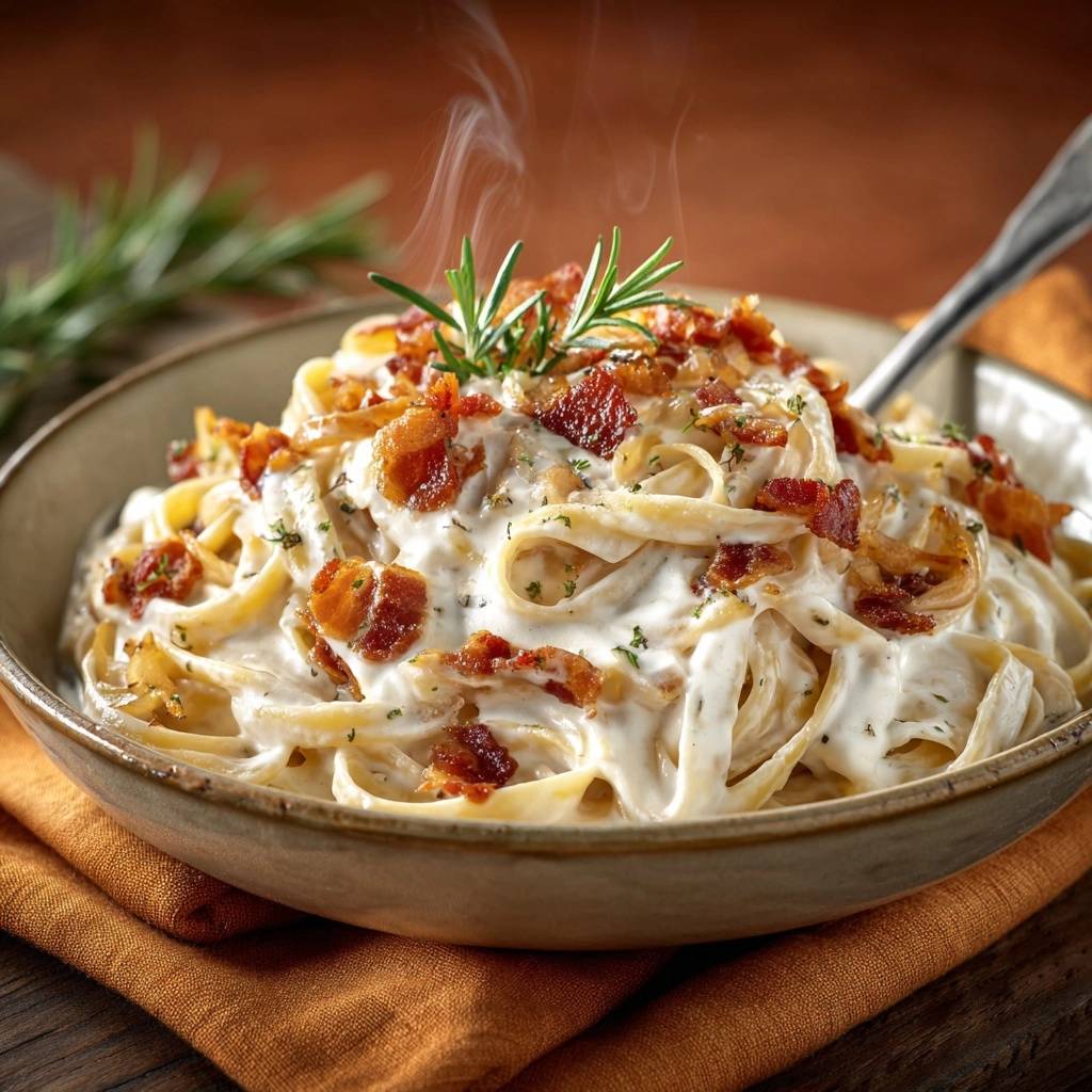 Cremige Fettuccine mit knusprigem Speck, dampfend heiß serviert, garniert mit frischem Rosmarin, in einer rustikalen Schüssel.