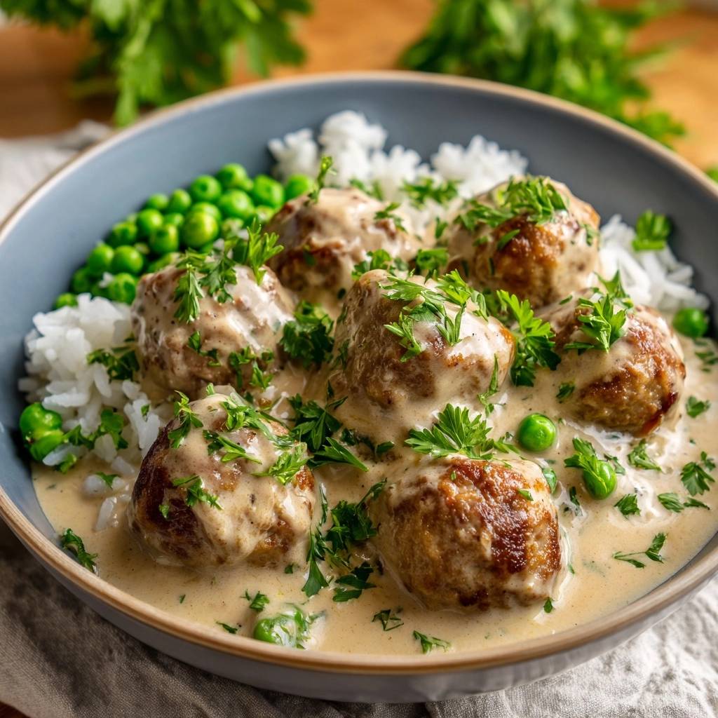 Cremige Fleischbllchen Mit Erbsenreis Nahaufnahme 1 Cremige Fleischbällchen mit Erbsenreis, serviert in einer Schüssel mit einer Nahaufnahme der Fleischbällchen und der cremigen Sauce.