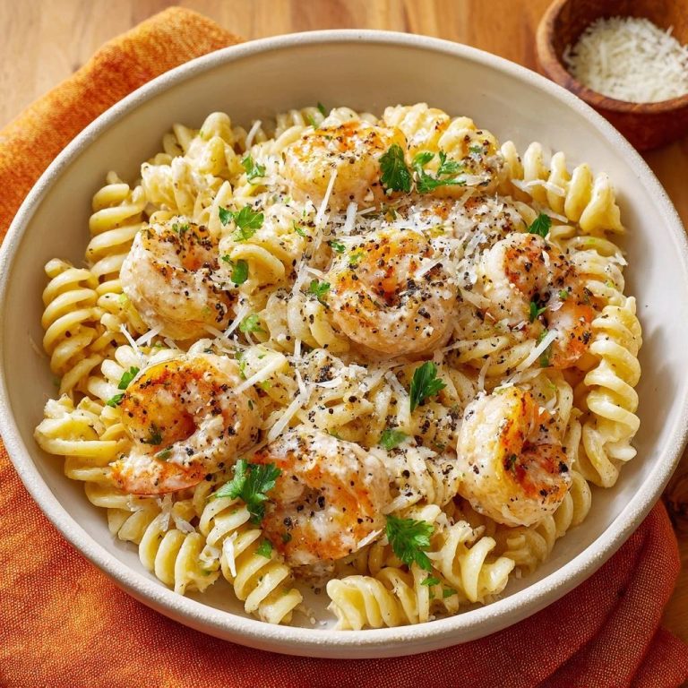 Cremige Fusilli mit Garnelen in einer Schüssel, serviert von oben, mit saftigen Garnelen und frisch geriebenem Käse garniert.