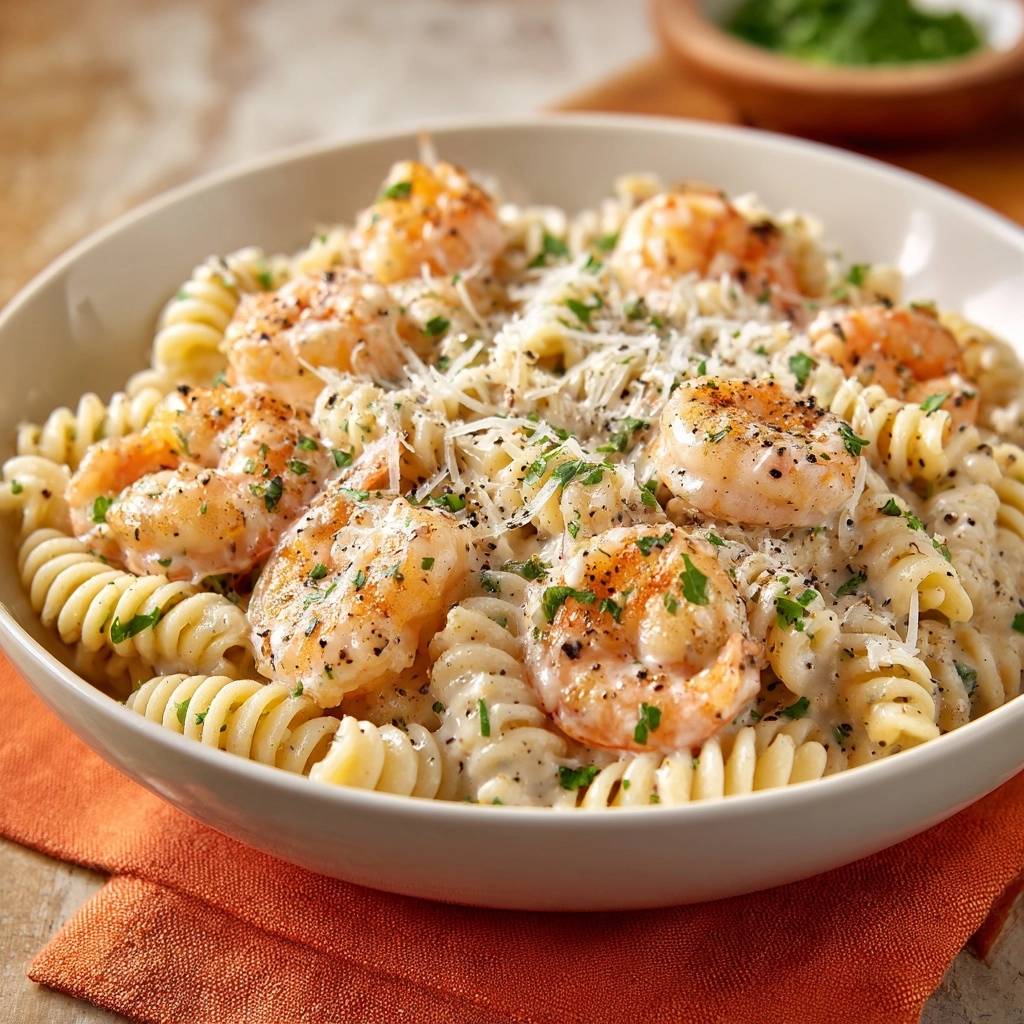 Cremige Fusilli Mit Garnelen Garniert 1 Cremige Fusilli mit Garnelen, garniert mit frischer Petersilie und geriebenem Käse, serviert in einer cremigen Soße.