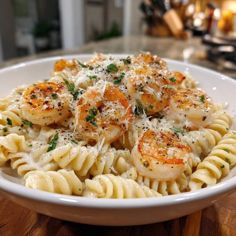 Cremige Fusilli mit Garnelen und Parmesan, serviert in einer Schüssel. Die saftigen Garnelen sind mit frischen Kräutern und Parmesan garniert.