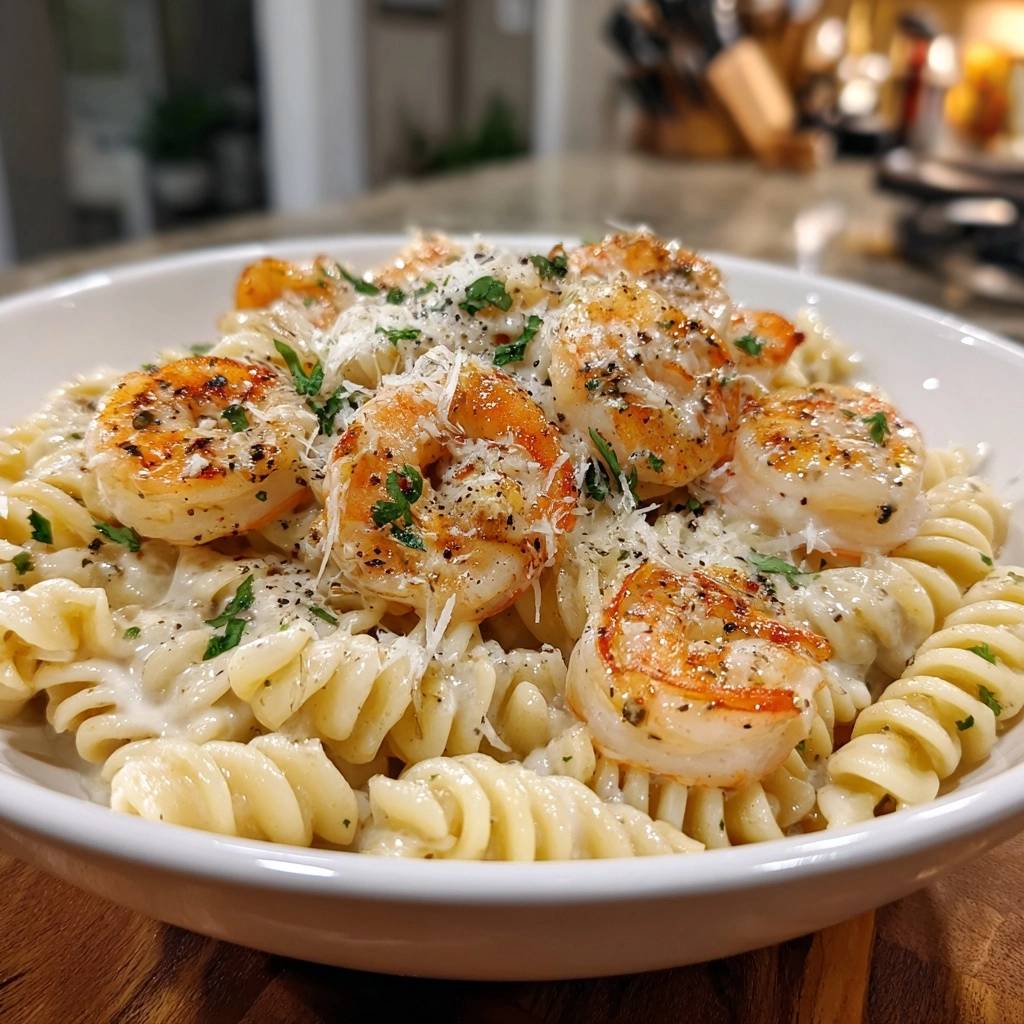 Cremige Fusilli mit Garnelen und Parmesan, serviert in einer Schüssel. Die saftigen Garnelen sind mit frischen Kräutern und Parmesan garniert.
