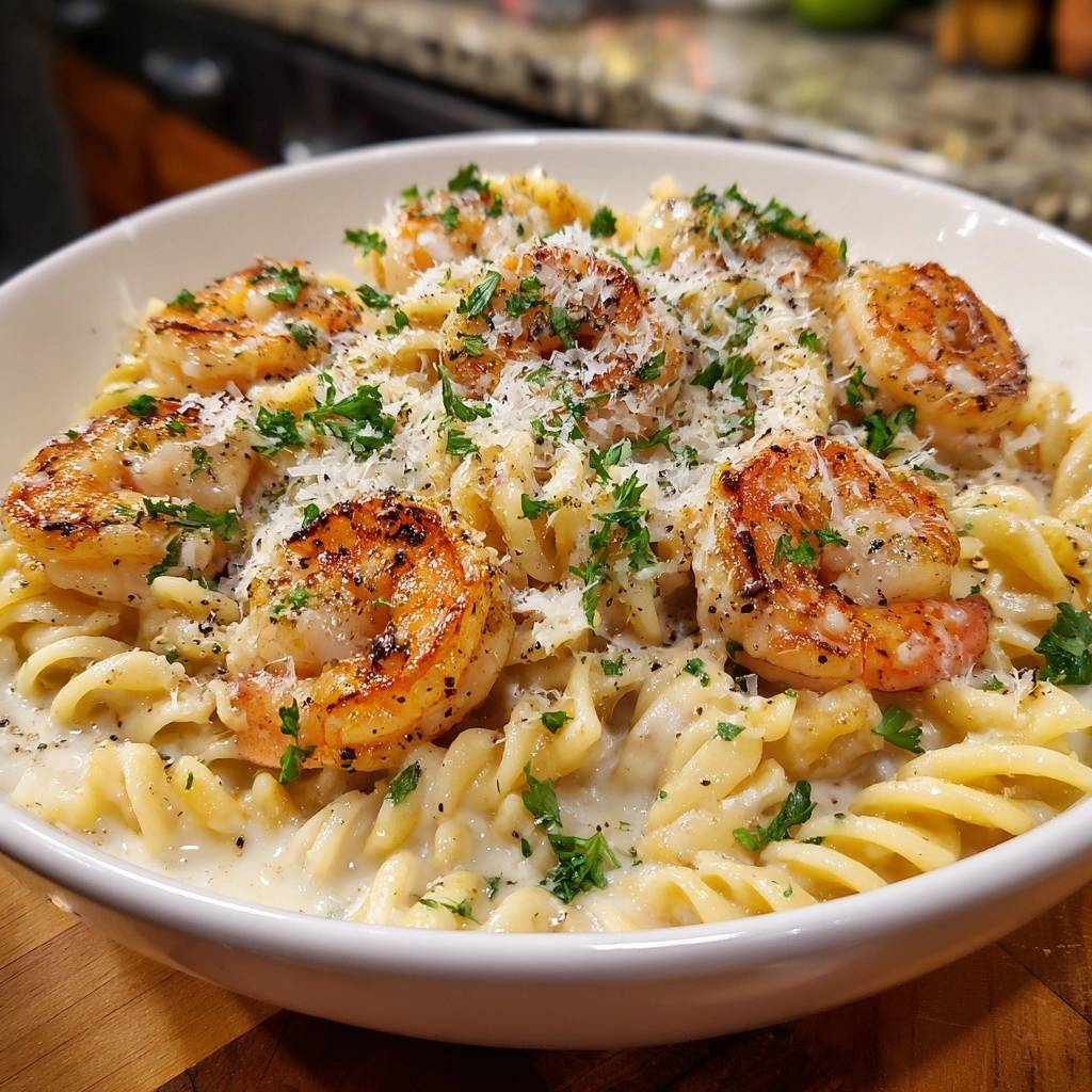 Cremige Fusilli Mit Garnelen Und Parmesan Draufsicht 1 Cremige Fusilli mit Garnelen und Parmesan, von oben betrachtet, mit perfekt gebratenen Garnelen und frisch geriebenem Parmesan.