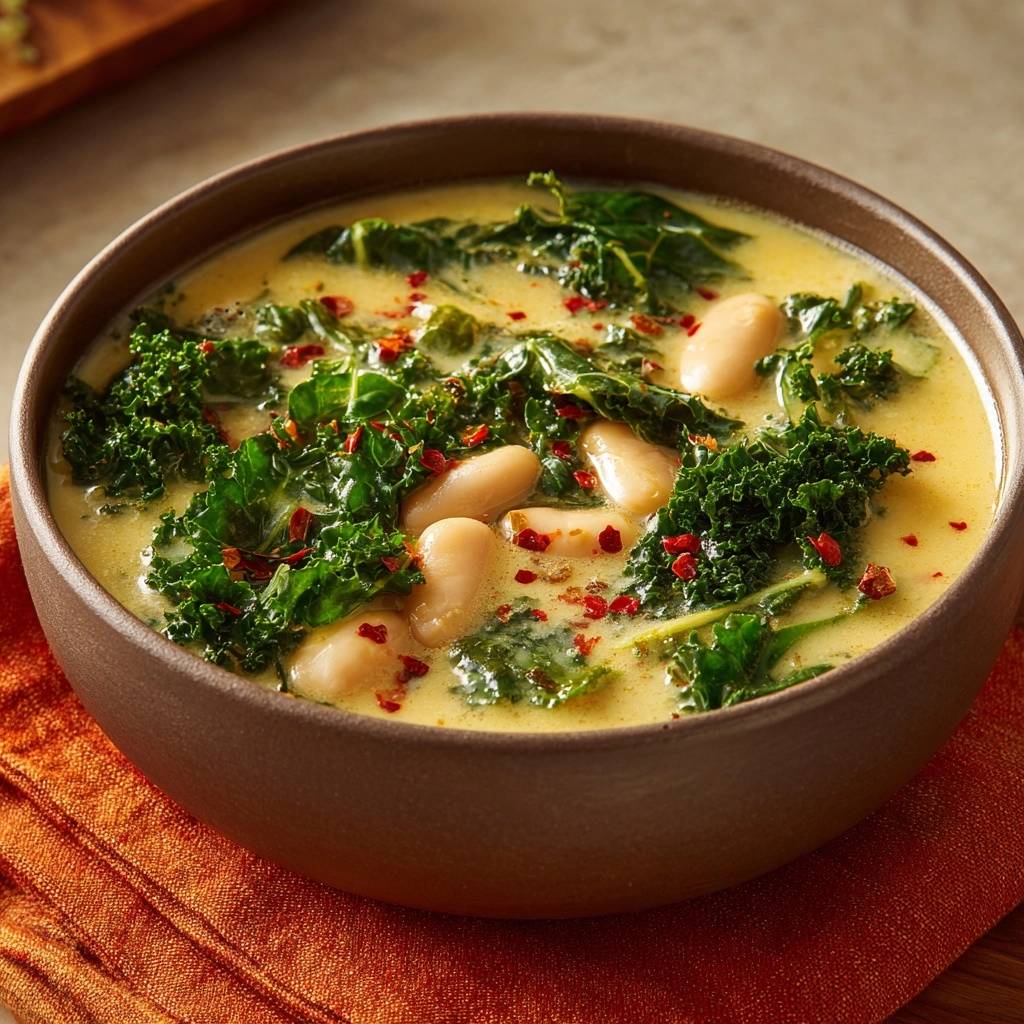 Cremige Grünkohl-Bohnen-Suppe in Nahaufnahme, garniert mit Chiliflocken, präsentiert in einer rustikalen Schüssel auf einem orangefarbenen Untersetzer.