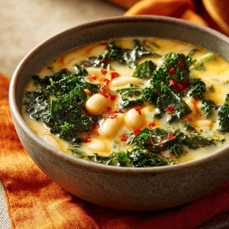 Cremige Grünkohl-Bohnen-Suppe in einer Nahaufnahme, die die cremige Textur und die frischen Zutaten hervorhebt.