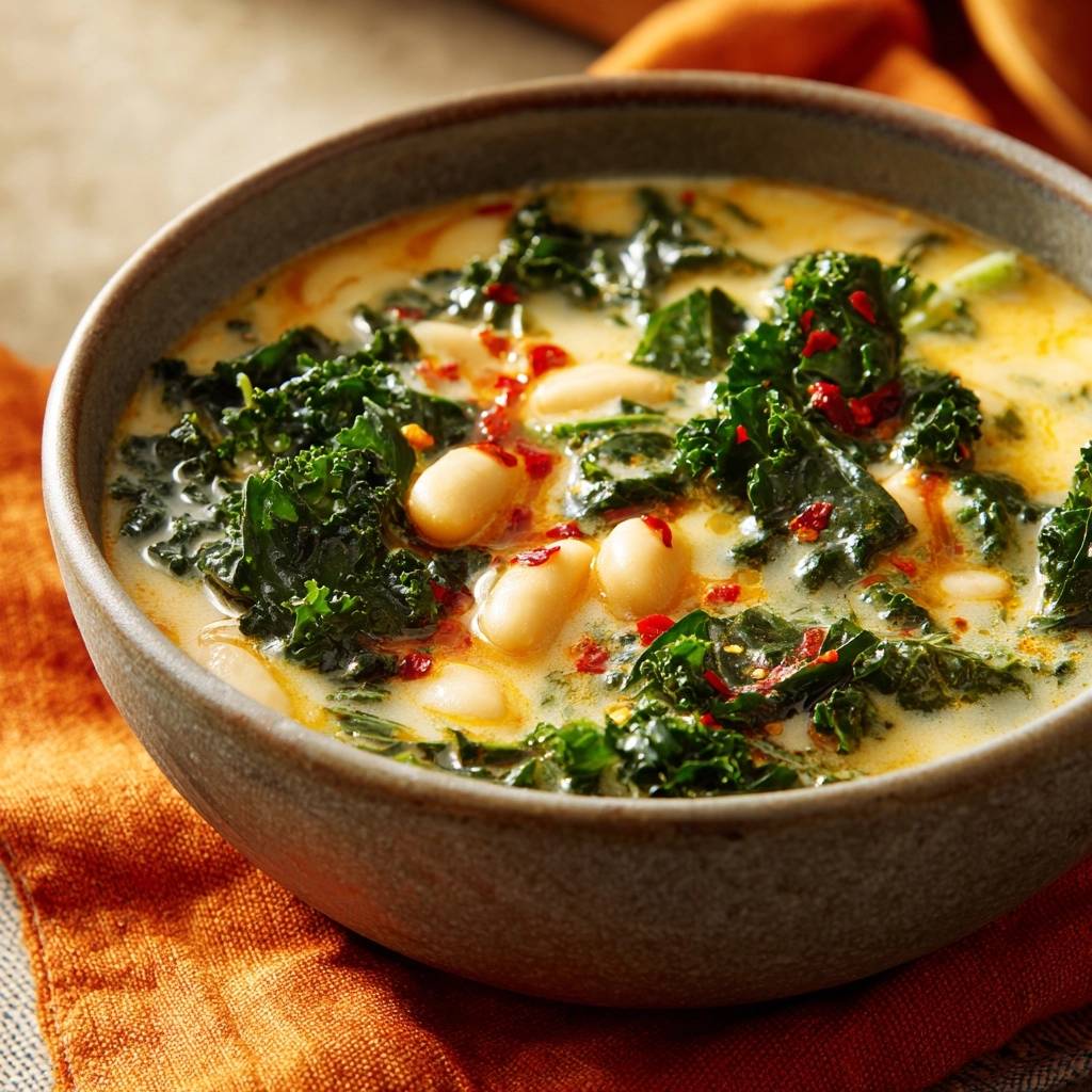 Cremige Grünkohl-Bohnen-Suppe in einer Nahaufnahme, die die cremige Textur und die frischen Zutaten hervorhebt.