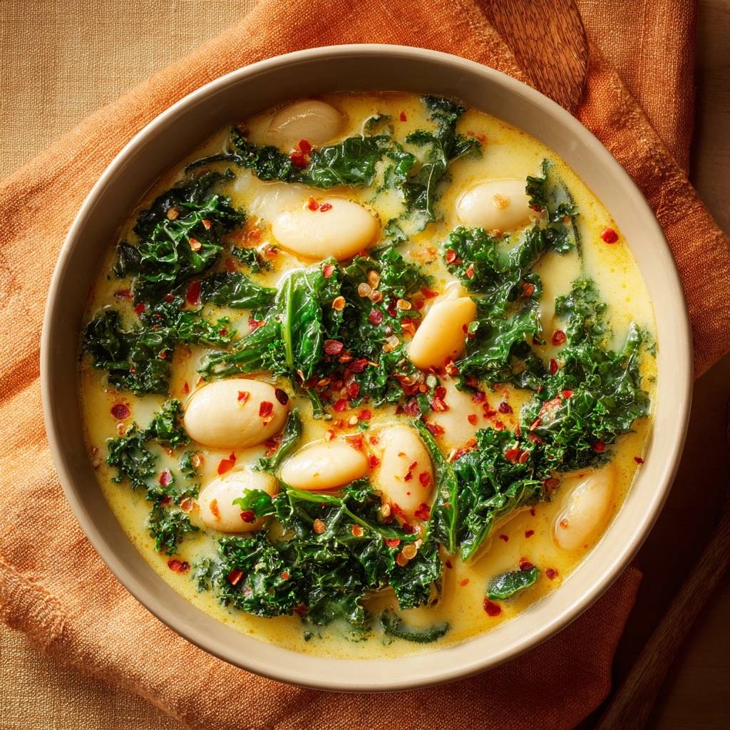 Cremige Grünkohl-Bohnensuppe, serviert in einer Schüssel von oben, mit frischem Grünkohl, weißen Bohnen und Chili-Flocken garniert.