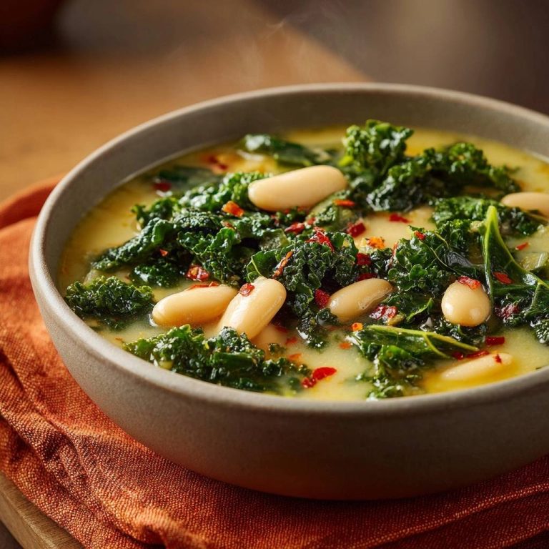 Cremige Grünkohl-Bohnensuppe in Nahaufnahme, dampfend und mit frischem Grünkohl und weißen Bohnen serviert. Würzig und appetitlich.