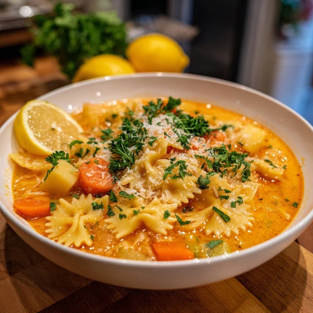 Cremige Karotten Kartoffel Nudel Suppe Serviert 1 Cremige Karotten-Kartoffel-Nudel-Suppe wird in einer weißen Schüssel serviert, garniert mit frischer Petersilie und Parmesan, mit einer Zitronenscheibe.