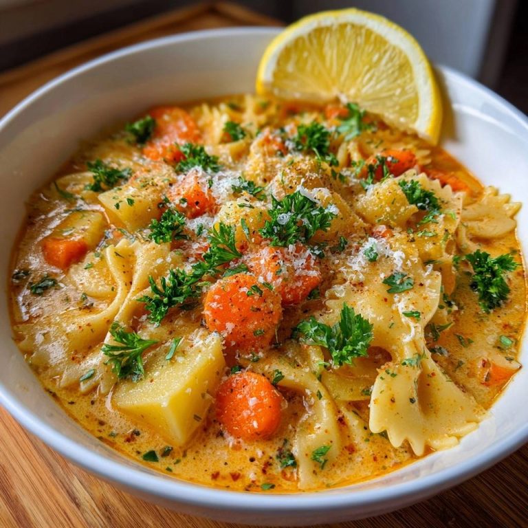 Cremige Karotten-Kartoffel-Nudel-Suppe wird in einer weißen Schüssel serviert, garniert mit frischer Petersilie und Parmesan. Dazu eine Zitronenscheibe.