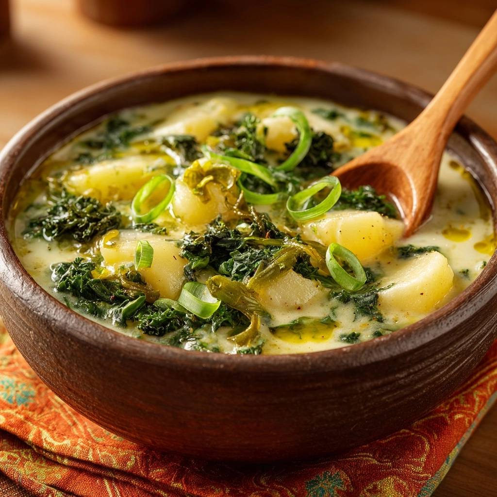 Cremige Kartoffel Gruenkohl Suppe Nahaufnahme 1 Cremige Kartoffel-Grünkohl-Suppe in einer rustikalen Schüssel, garniert mit frischen Frühlingszwiebeln, in Nahaufnahme. Ein köstliches, sättigendes Gericht.