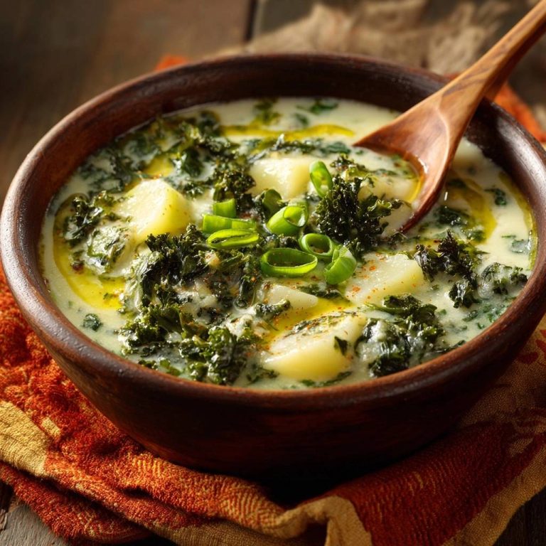 Cremige Kartoffel-Grünkohl-Suppe serviert in einer rustikalen Holzschale, garniert mit frischen Frühlingszwiebeln und Kräutern.