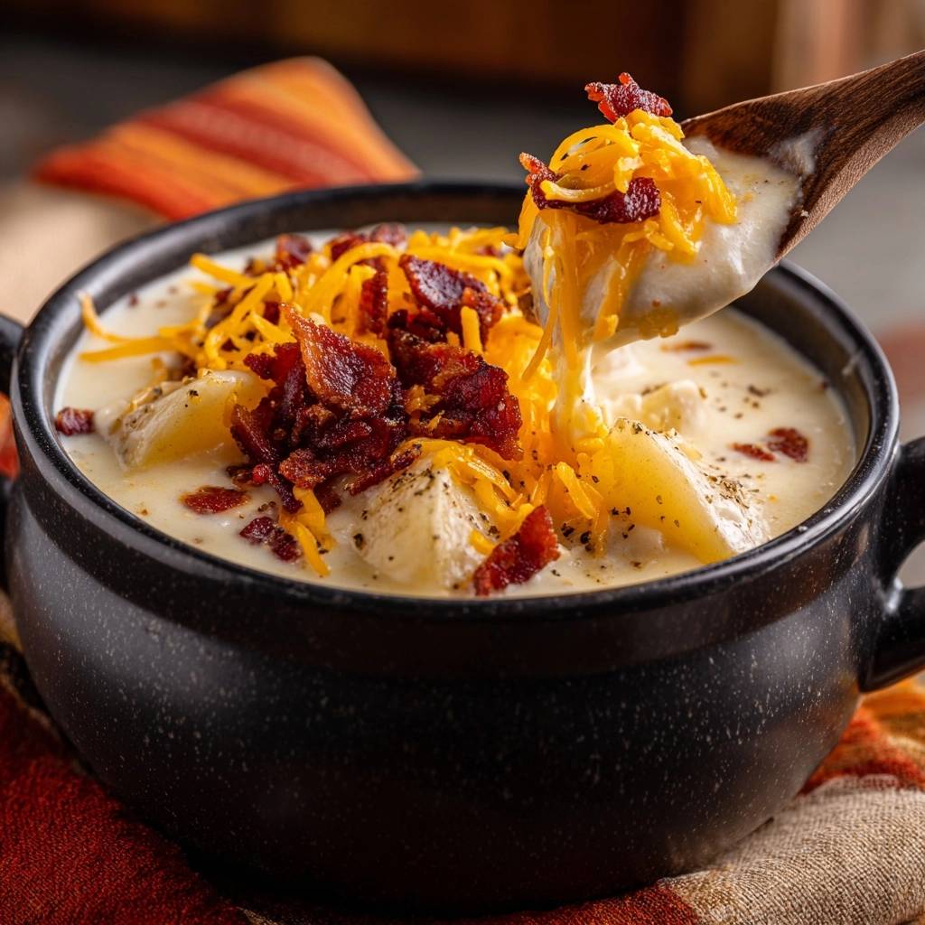 Cremige Kartoffelsuppe mit Bacon und Cheddar auf einem Löffel serviert, mit geschmolzenem Käse und knusprigem Speck.