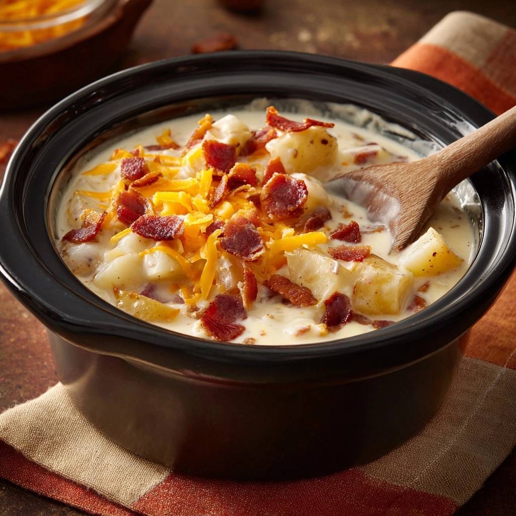 Cremige Kartoffelsuppe mit Bacon und Cheddar in einer schwarzen Schüssel, garniert mit knusprigem Speck und geriebenem Cheddar. Ein köstliches, herzhaftes Gericht zum Genießen.