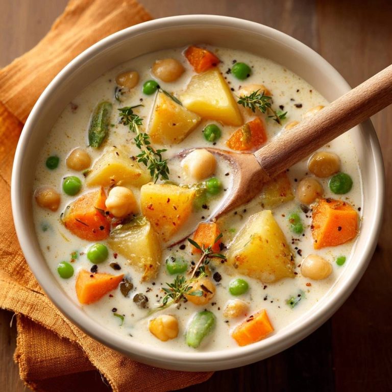 Cremige Kichererbsen-Kartoffelsuppe als Nahaufnahme mit einem Holzlöffel und frischen Kräutern garniert.