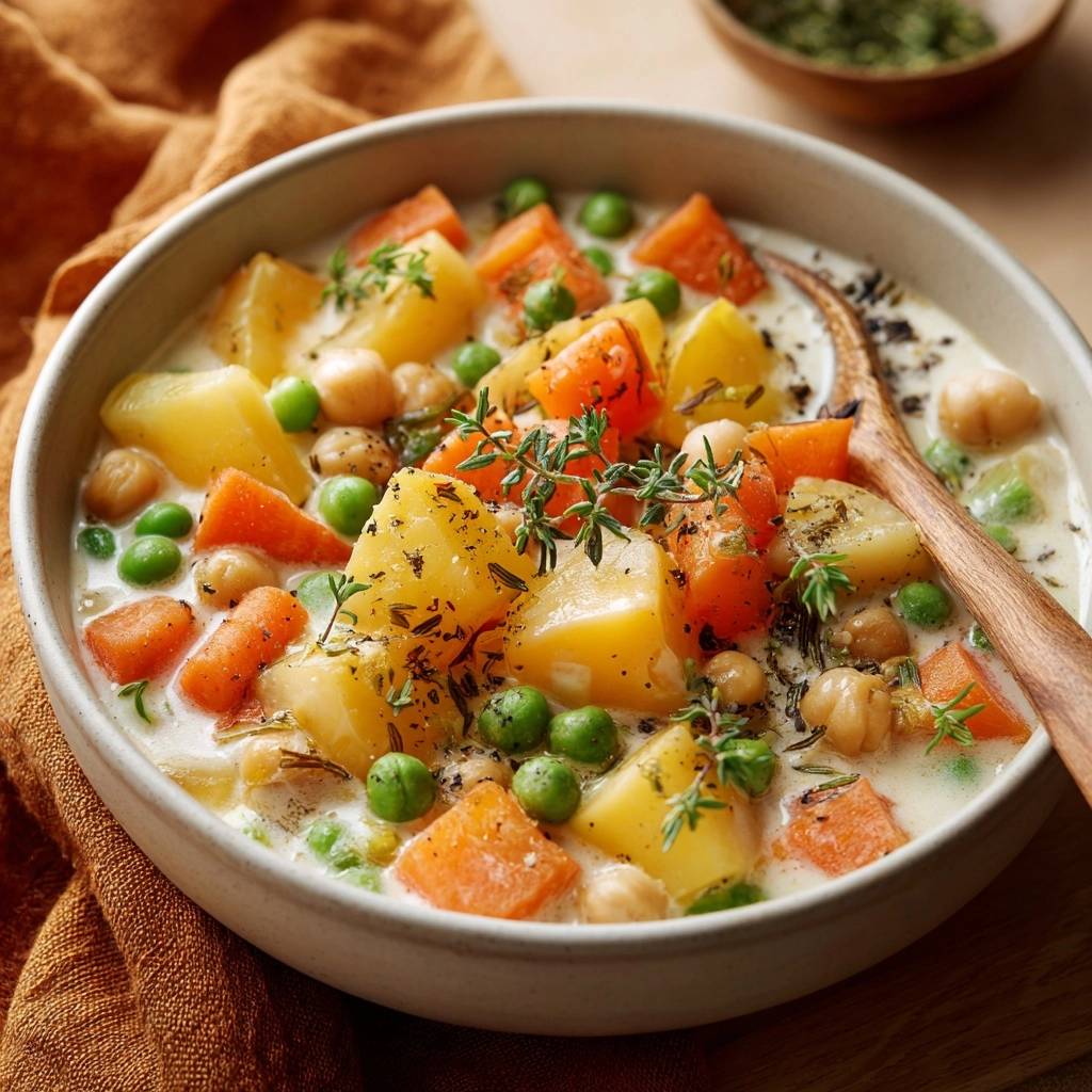 Cremige Kichererbsen-Kartoffelsuppe in einer Schüssel serviert, mit frischen Kräutern garniert und mit einem Löffel angerichtet.