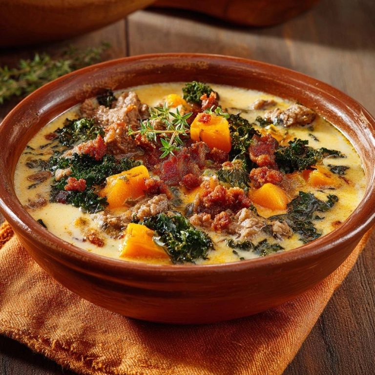 Cremige Kürbis-Grünkohlsuppe mit Hackfleisch in einer rustikalen Schüssel serviert, mit frischem Thymian garniert, ein herzhaftes und wärmendes Gericht.