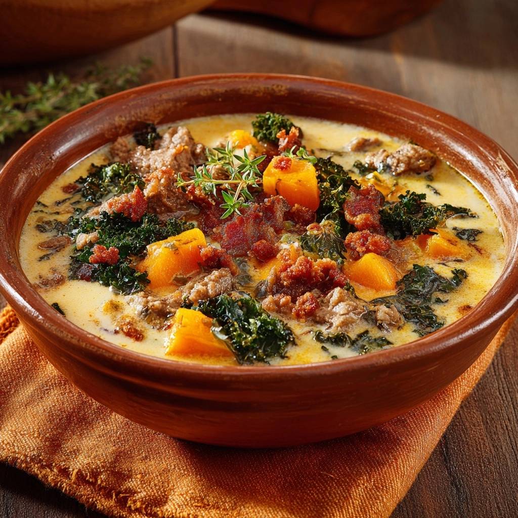 Cremige Kürbis-Grünkohlsuppe mit Hackfleisch in einer rustikalen Schüssel serviert, mit frischem Thymian garniert, ein herzhaftes und wärmendes Gericht.