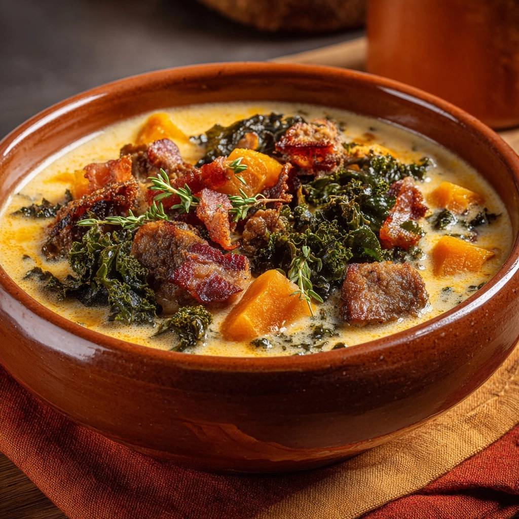 Cremige Kuerbis Gruenkohlsuppe Mit Hackfleisch Nahaufnahme 1 Cremige Kürbis-Grünkohlsuppe mit Hackfleisch in einer rustikalen Schüssel, mit knusprigem Speck und frischen Kräutern garniert.