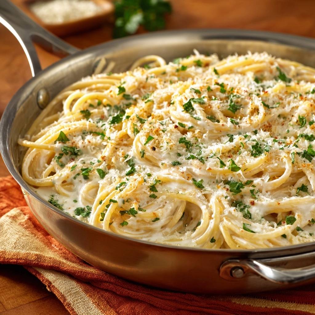 Cremige Linguine Mit Parmesan Und Petersilie Draufsicht 1 Cremige Linguine mit Parmesan und Petersilie in einer Pfanne, die mit frisch gehackter Petersilie und geriebenem Käse garniert ist.