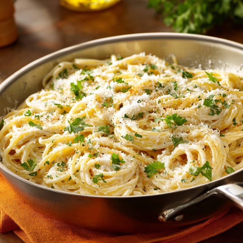 Cremige Parmesan Spaghetti Draufsicht Serviert 1 Cremige Parmesan-Spaghetti in einer Pfanne serviert, garniert mit frischer Petersilie und geriebenem Parmesan. Ein köstliches Nudelgericht, das in 30 Minuten zubereitet ist.
