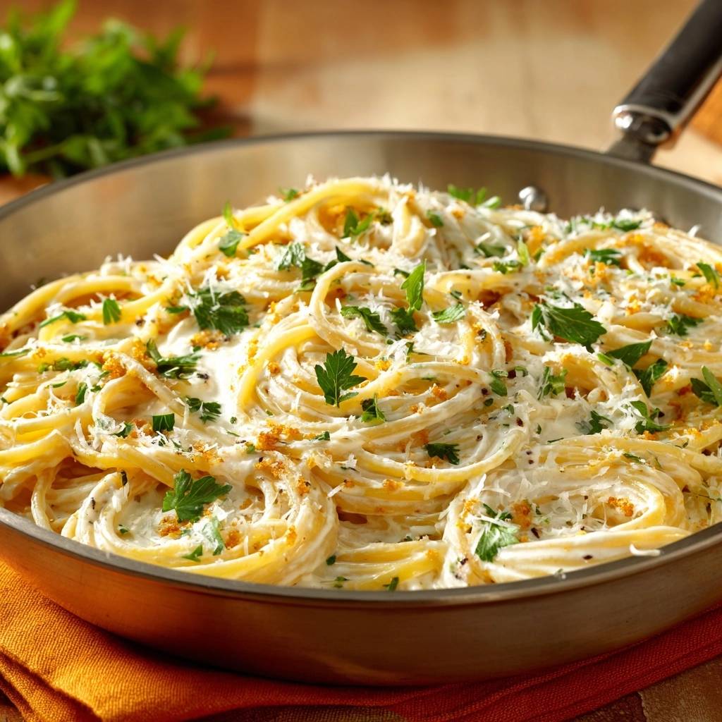 Cremige Parmesan-Spaghetti in einer Pfanne serviert, garniert mit frischer Petersilie und geriebenem Parmesan, ein köstliches Gericht.