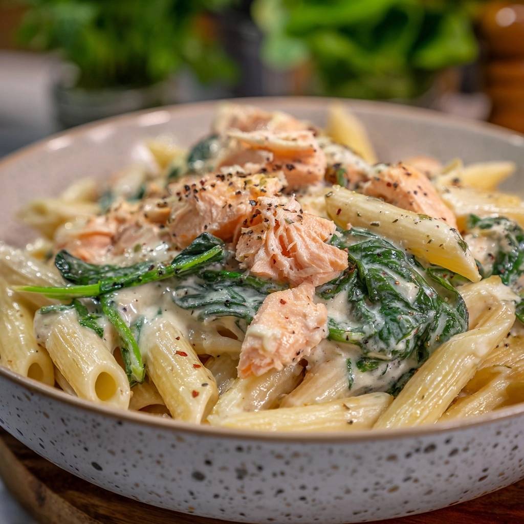 Cremige Penne Mit Spinat Und Raeucherlachs Draufsicht 1 Cremige Penne mit Spinat und Räucherlachs in einer Schüssel, von oben fotografiert, mit frischem Spinat und leckerem Lachs.