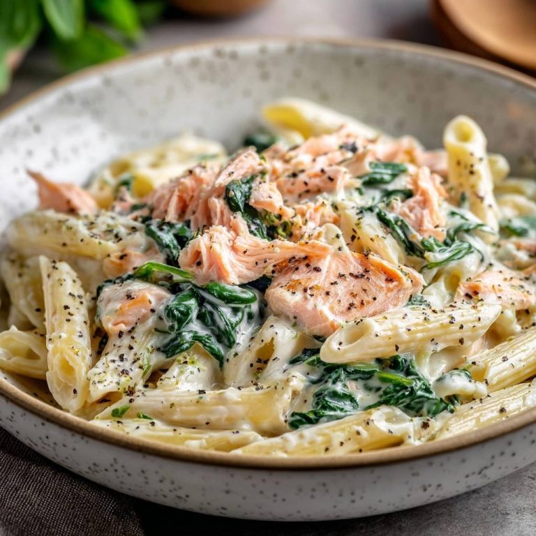 Cremige Penne mit Spinat und Räucherlachs in einer Schüssel, von oben betrachtet, mit frischem Spinat und rosa Lachs garniert.
