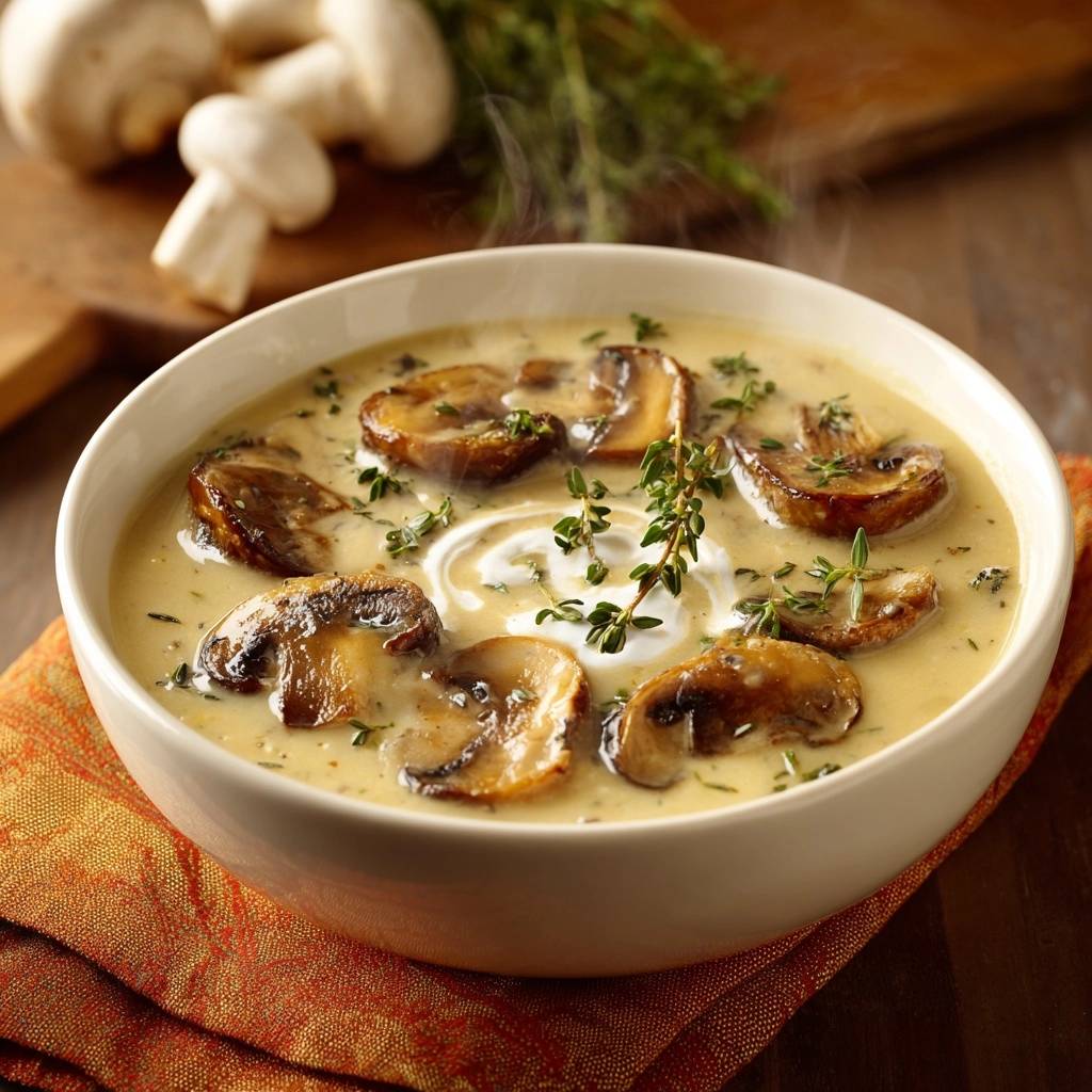 Cremige Pilz-Thymian-Suppe serviert in einer Schüssel, mit frischem Thymian garniert und einem Klecks Sahne. Der dampfende Suppengenuss.