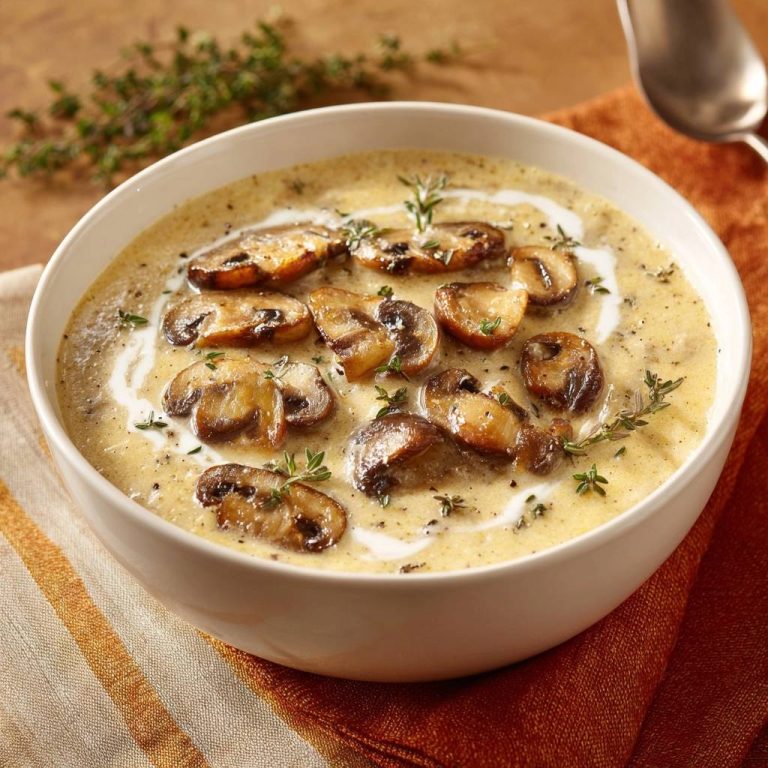 Cremige Pilz-Thymian-Suppe serviert in einer weißen Schüssel, garniert mit frischem Thymian und einem Sahnehauch.