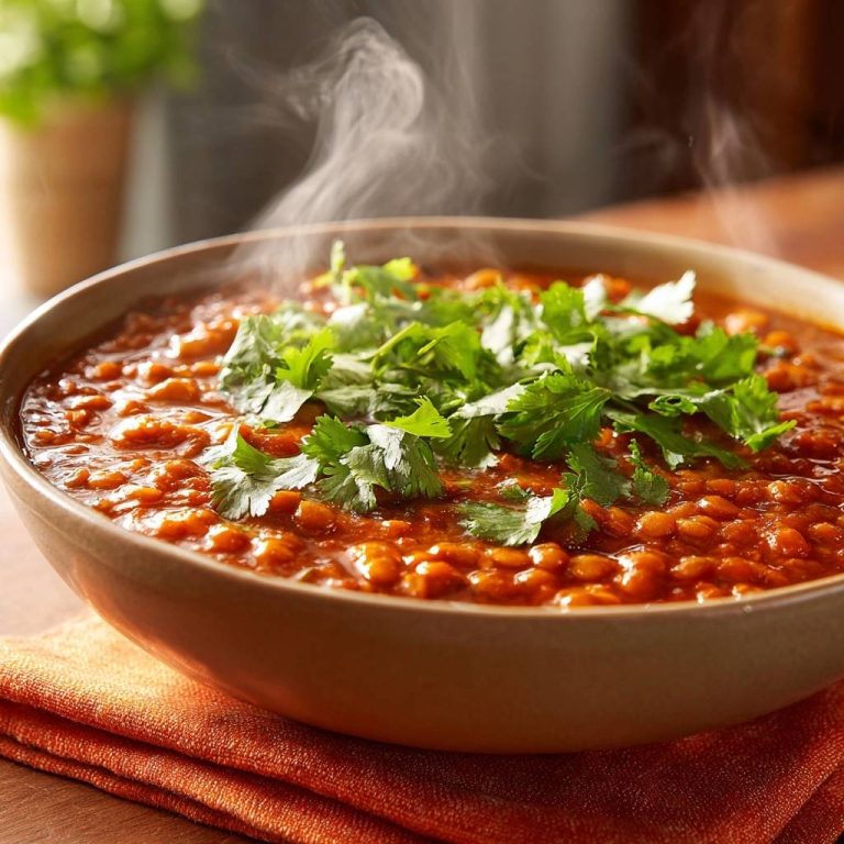 Cremige Rote Linsensuppe, dampfend serviert und mit frischem Koriander garniert. Die Linsen sind in einer cremigen, roten Soße zubereitet.