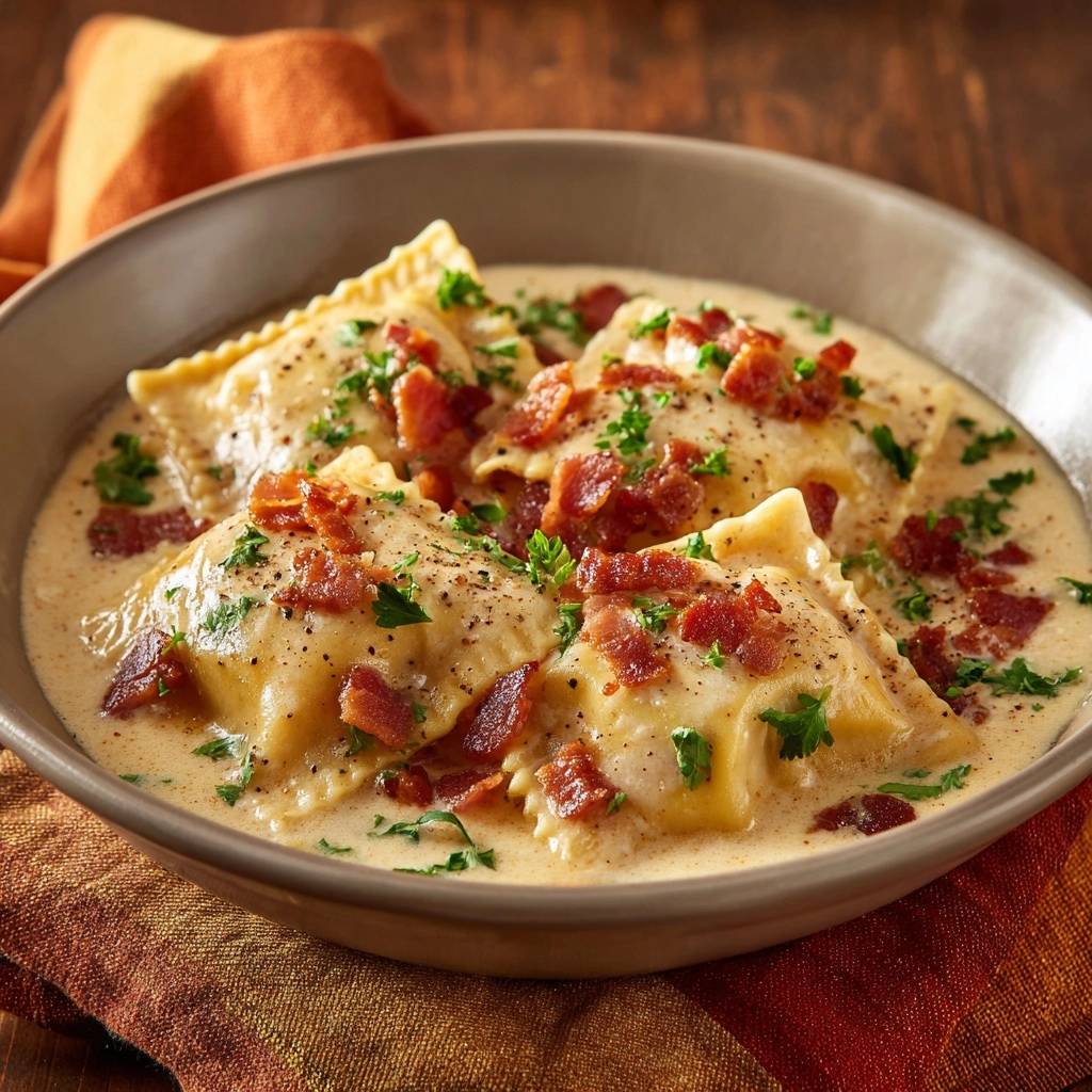 Cremige Speck-Ravioli in einer Schüssel serviert, garniert mit knusprigem Speck und frischer Petersilie in cremiger Sauce.