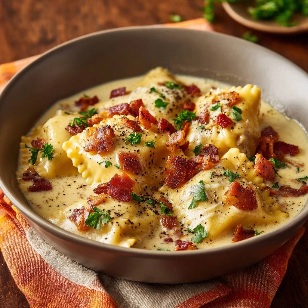 Cremige Speck-Ravioli in einer Schüssel aus nächster Nähe serviert, mit knusprigem Speck und frischer Petersilie garniert.