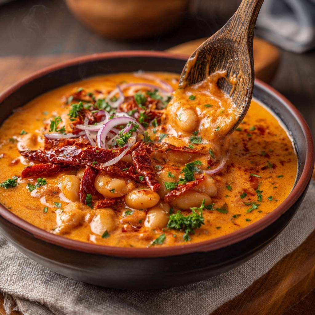 Cremige Tomaten-Bohnensuppe in Nahaufnahme, kurz bevor sie mit einem Holzlöffel serviert wird, mit sonnengetrockneten Tomaten und frischen Kräutern.