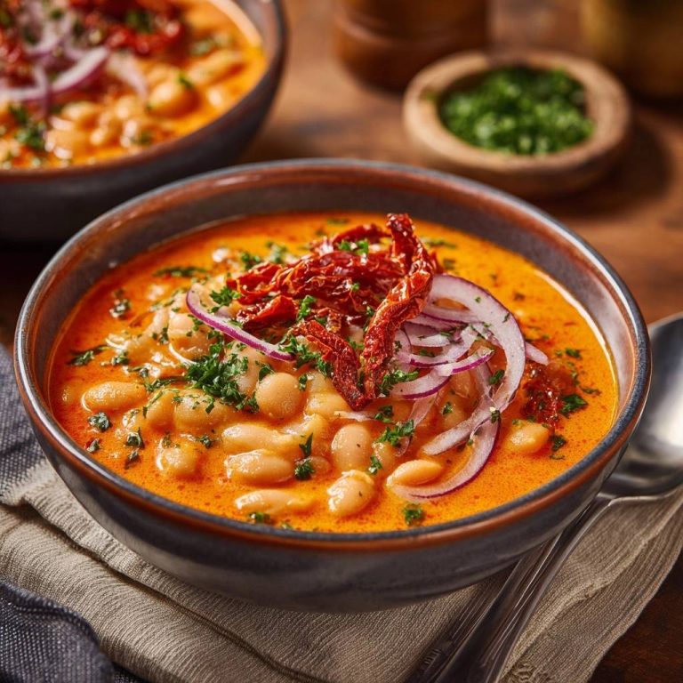 Cremige Tomaten-Bohnensuppe serviert in einer dunklen Schüssel, garniert mit roten Zwiebeln, getrockneten Tomaten und frischer Petersilie.