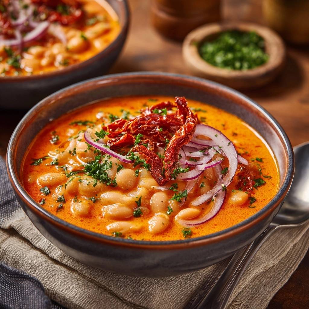 Cremige Tomaten-Bohnensuppe serviert in einer dunklen Schüssel, garniert mit roten Zwiebeln, getrockneten Tomaten und frischer Petersilie.