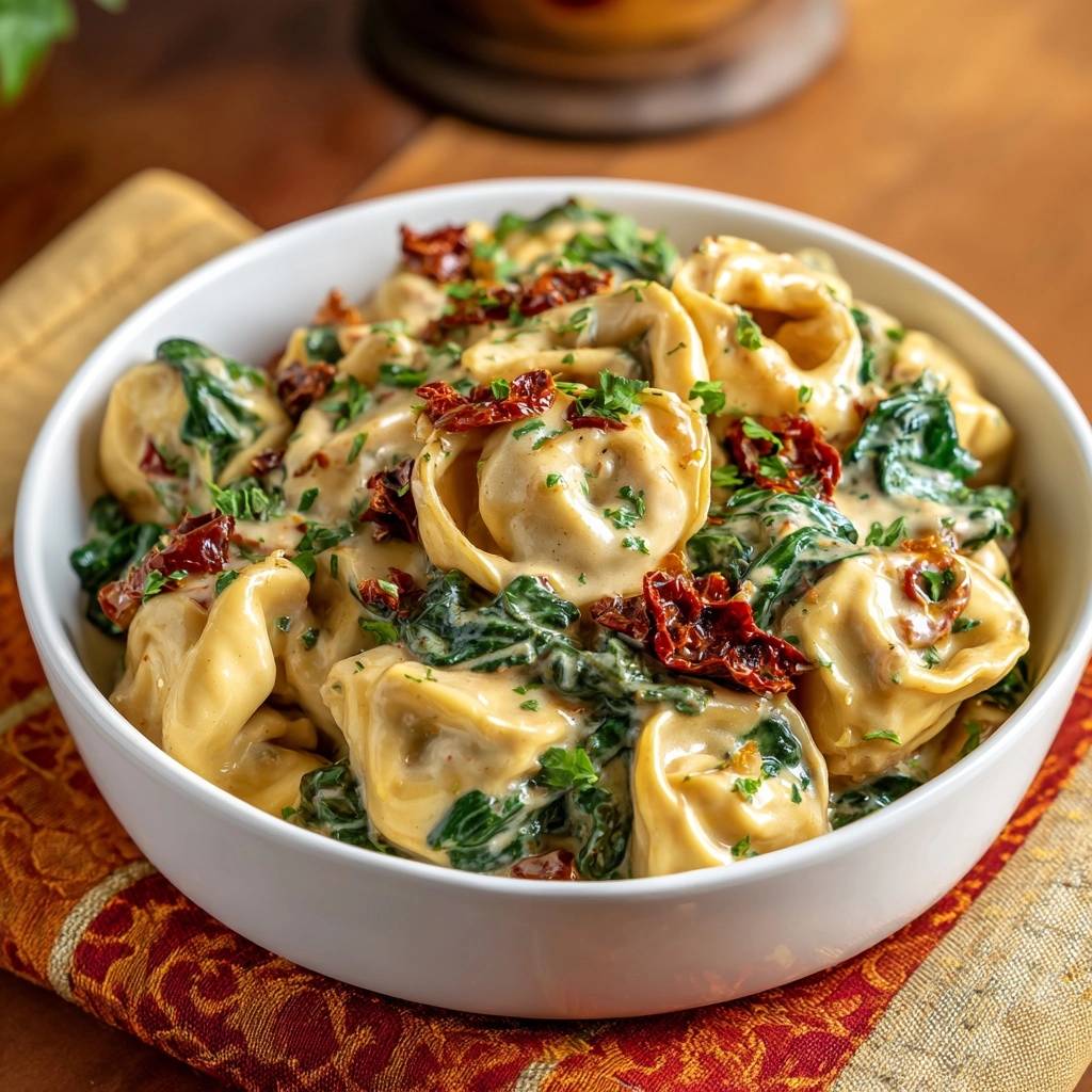 Cremige Tortelloni mit Spinat und Sonnentrockentomaten, serviert in einer weißen Schüssel, garniert mit frischer Petersilie und getrockneten Tomaten.