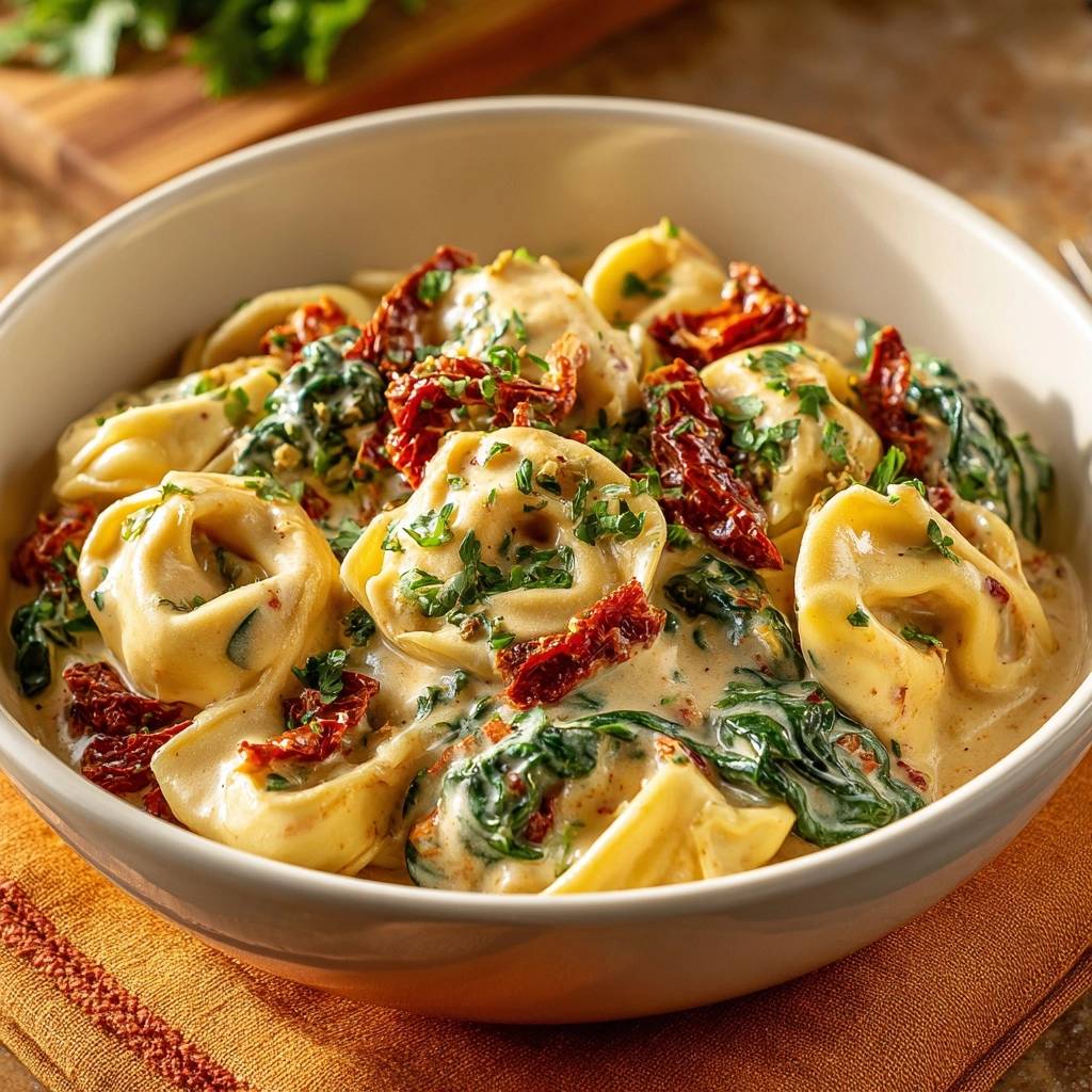 Cremige Tortelloni mit Spinat und Sonnentomaten in einer weißen Schüssel von oben gesehen, garniert mit frischer Petersilie.