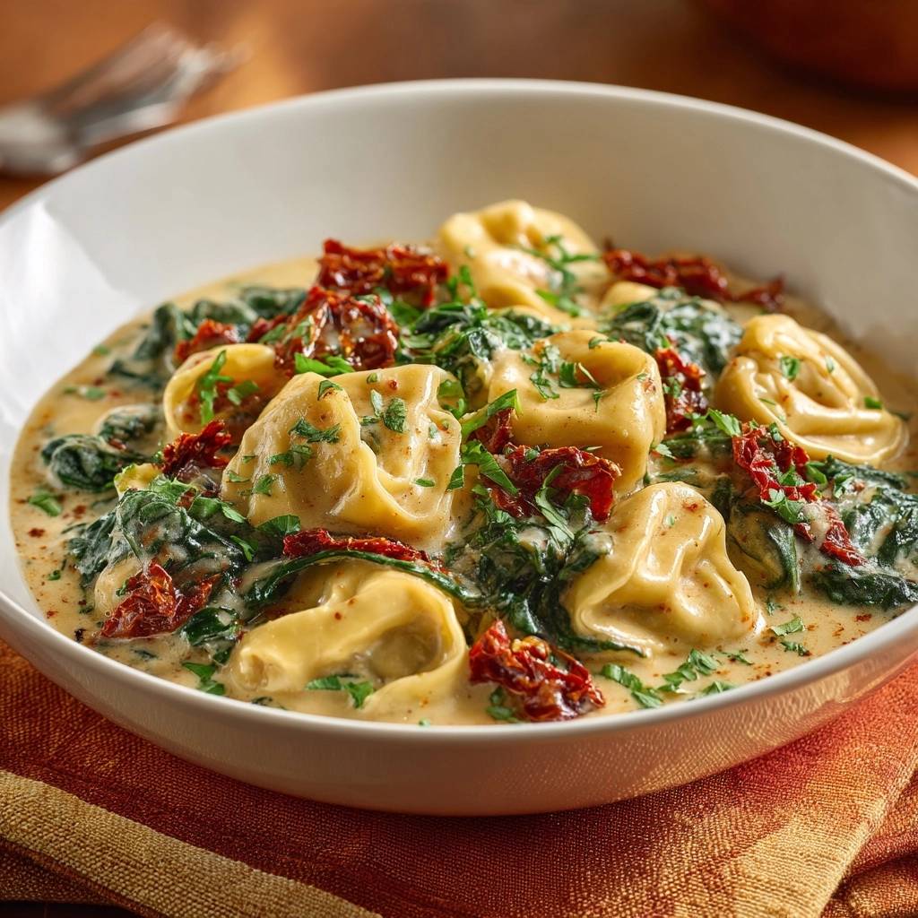 Cremige Tortelloni Mit Spinat Sonnentomaten Nahaufnahme 1 Cremige Tortelloni mit Spinat & Sonnentomaten in einer Nahaufnahme, serviert in einer weißen Schüssel, mit knusprigen Sonnentomaten garniert.