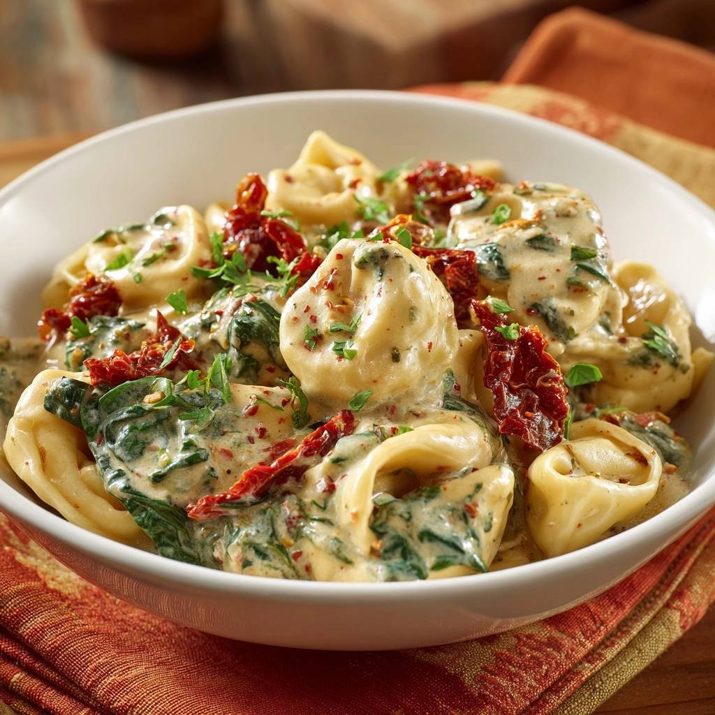 Cremige Tortelloni Mit Spinat Sonnentrockentomaten Nahaufnah 1 Cremige Tortelloni mit Spinat & Sonnentrockentomaten in einer Nahaufnahme, die die cremige Soße und die Zutaten zeigt. Die Tortelloni sind mit frischem Grün garniert.