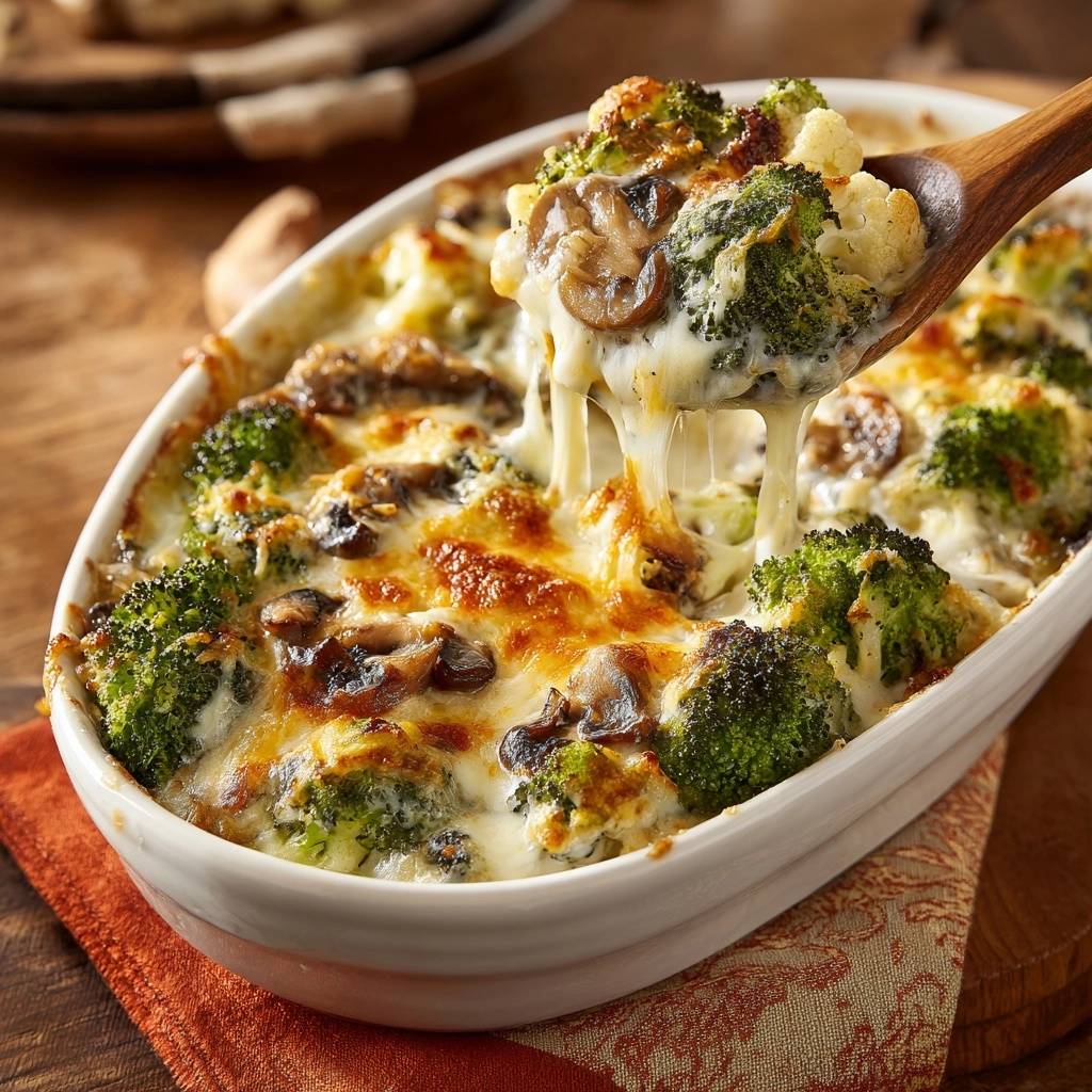Cremiger Brokkoli-Blumenkohl-Auflauf mit Champignons wird von einem Holzlöffel gehoben, wobei der geschmolzene Käse zartfäden zieht.