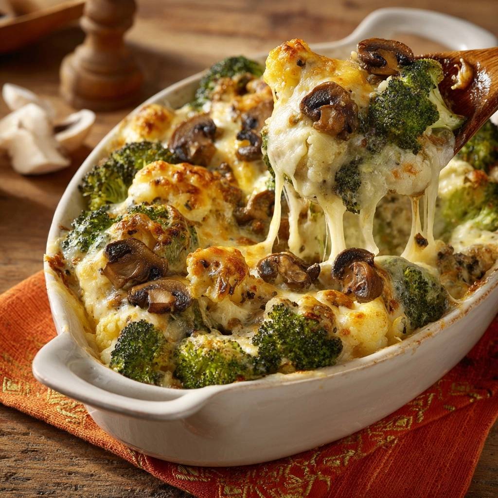 Cremiger Brokkoli-Blumenkohl-Auflauf mit Champignons, aus dem eine Portion mit geschmolzenem Käse auf einem Löffel gehoben wird.