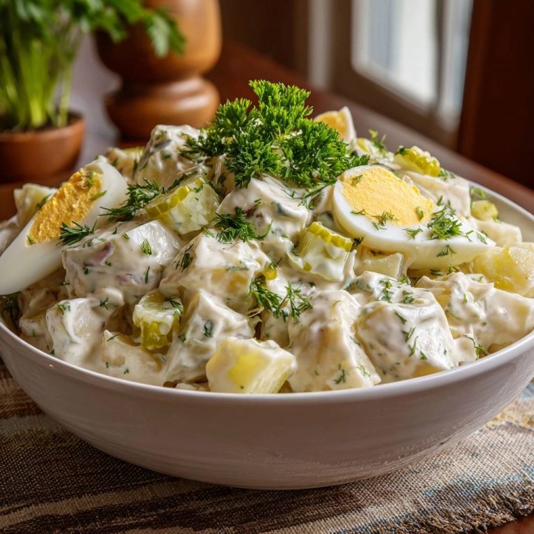 Cremiger Dill-Kartoffelsalat mit Eiern und Gurken, garniert mit frischer Petersilie und Dill.