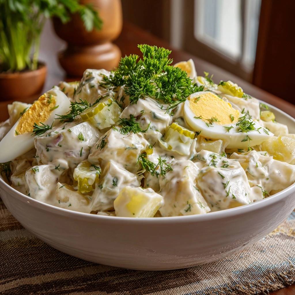 Cremiger Dill-Kartoffelsalat mit Eiern und Gurken, garniert mit frischer Petersilie und Dill.
