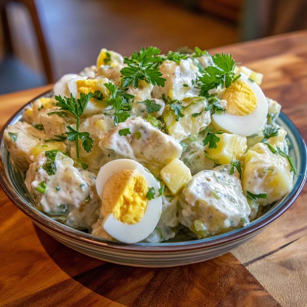 Cremiger Dill-Kartoffelsalat in Nahaufnahme: Ein köstlicher Kartoffelsalat mit Eiern und frischen Kräutern in einer cremigen Soße.