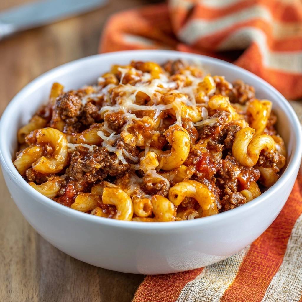 Cremiger Hackfleisch Macaroni Nahaufnahme 1 Cremiger Hackfleisch-Macaroni in einer weißen Schüssel, eine Nahaufnahme zeigt die cremige Konsistenz und den geschmolzenen Käse.
