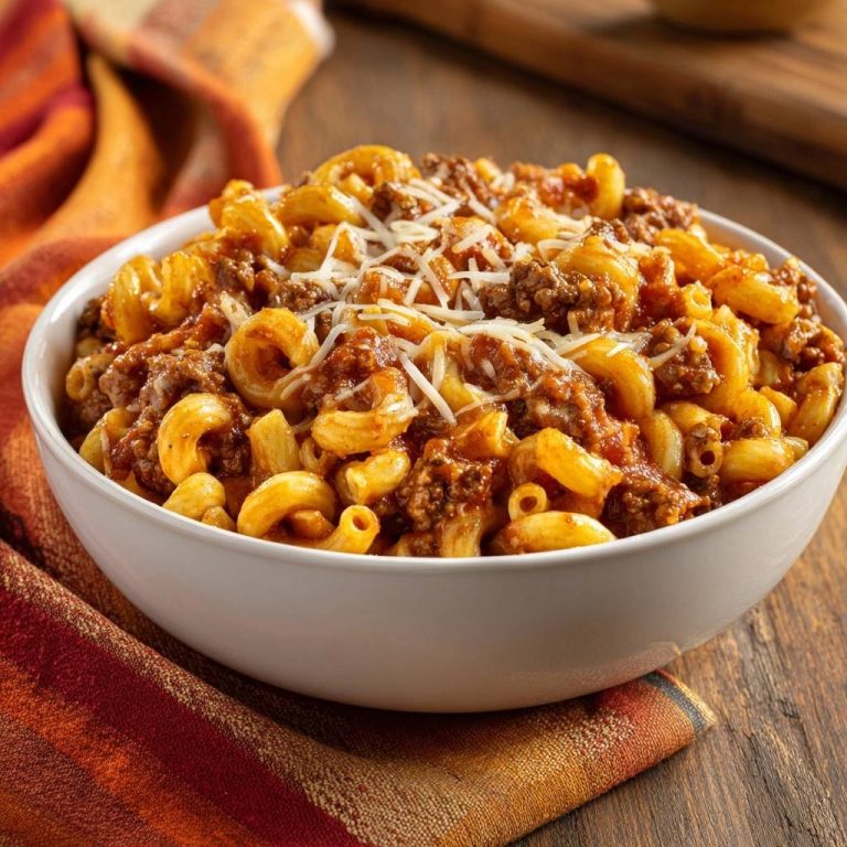 Cremiger Hackfleisch-Macaroni serviert in einer weißen Schüssel, garniert mit geriebenem Käse, auf einem rustikalen Holztisch.